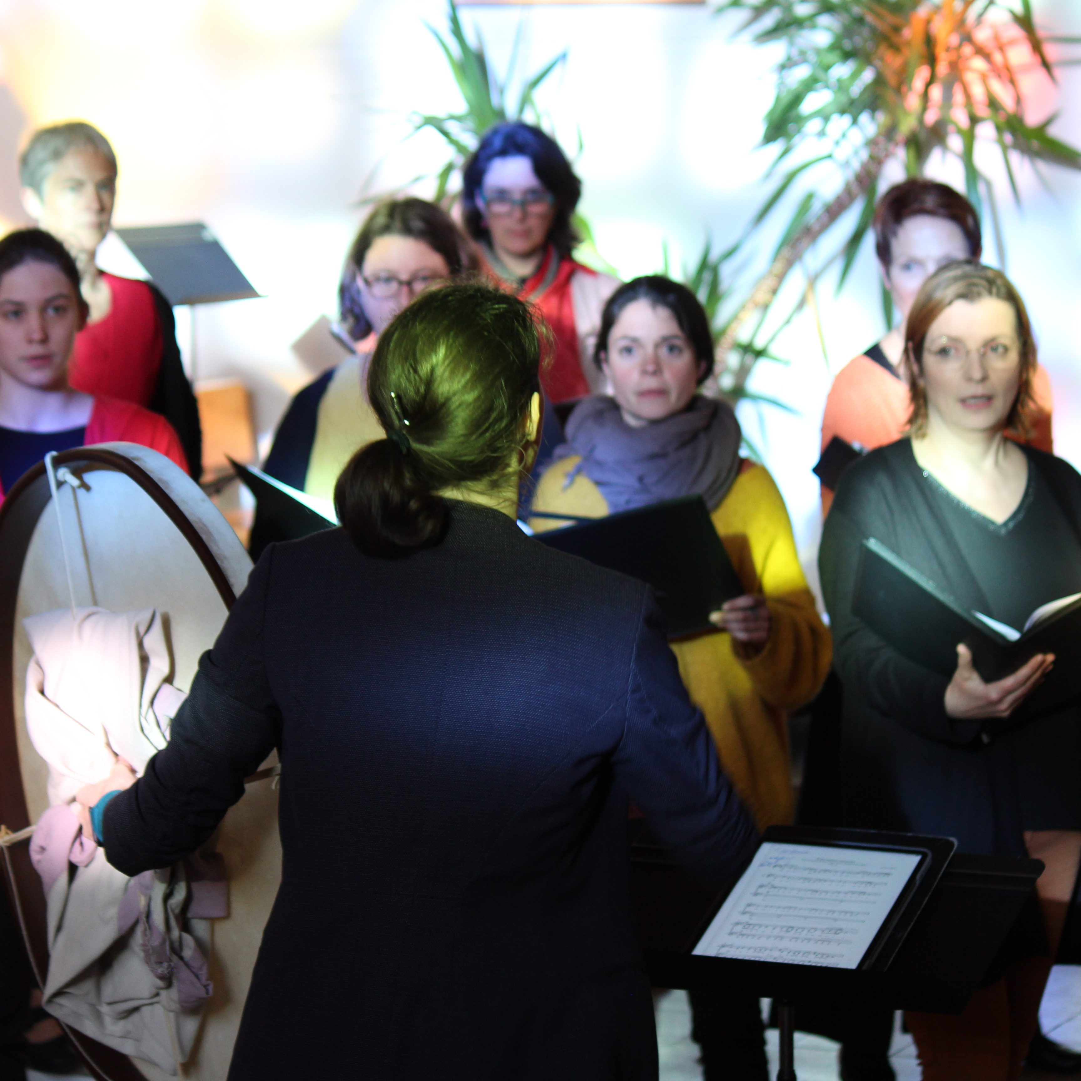 Photo du choeur de femmes Kleo dans la lumière des vitraux